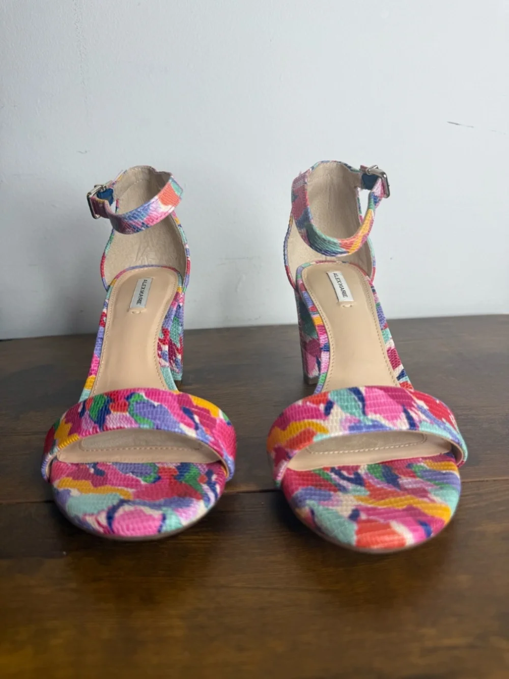Alex Marie (7.5) sandals featuring a colorful watercolor print and a block heel